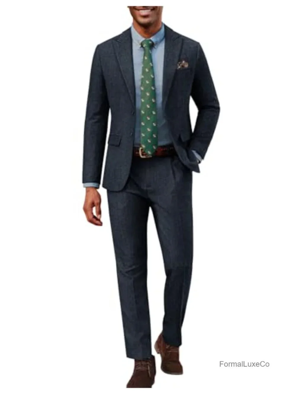 Men's 2 Piece Herringbone Wool Blend Tweed Suit Set with Peak Lapel